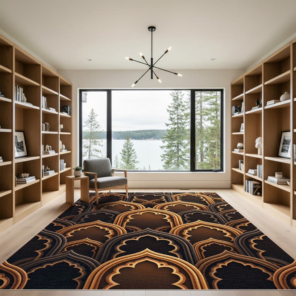 Golden Arch Overlay Geometric Espresso Decorative Rug