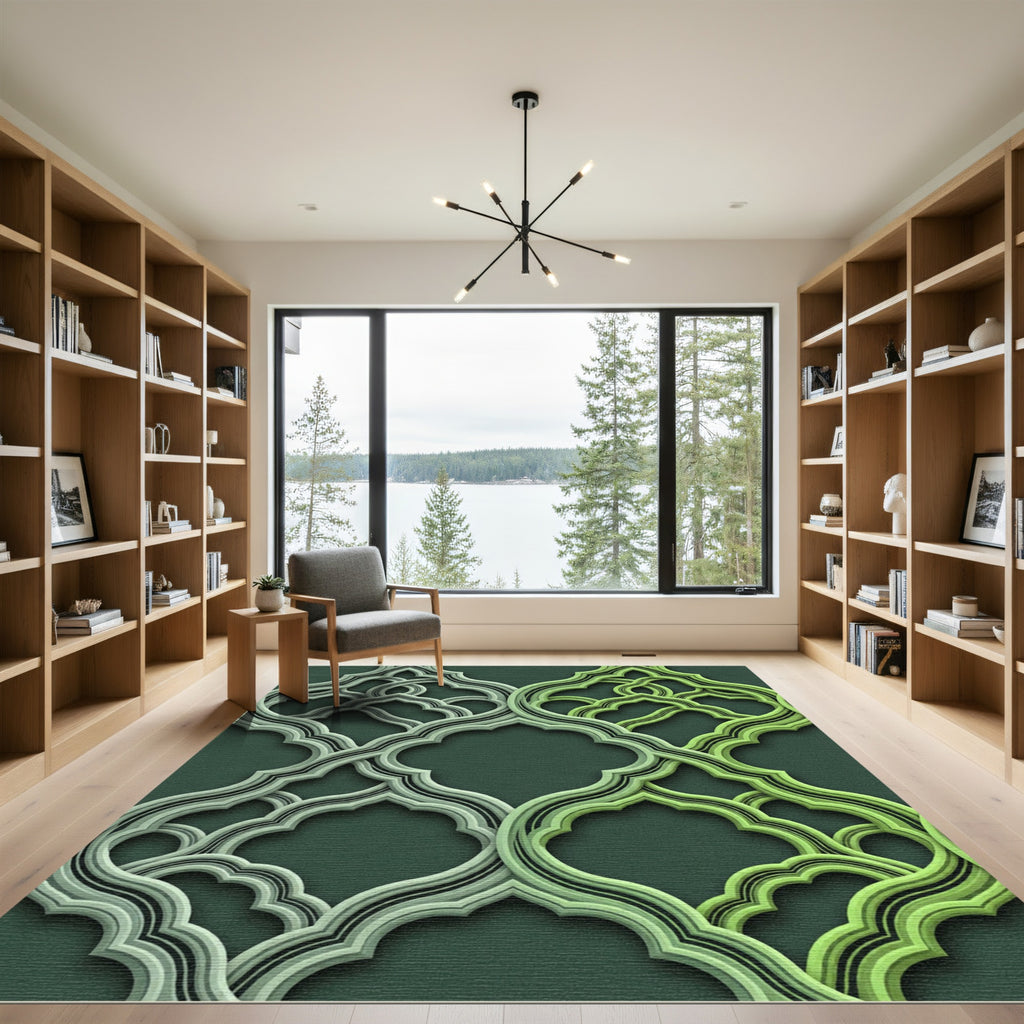 Intricate Green Arabesque Lattice Rug