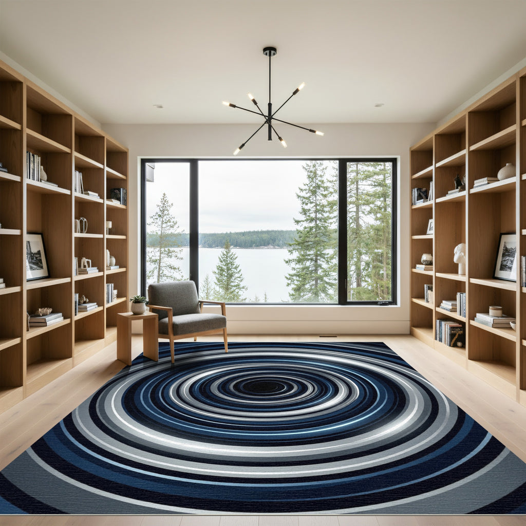 Modern Indigo Silver Circular Swirl Rug