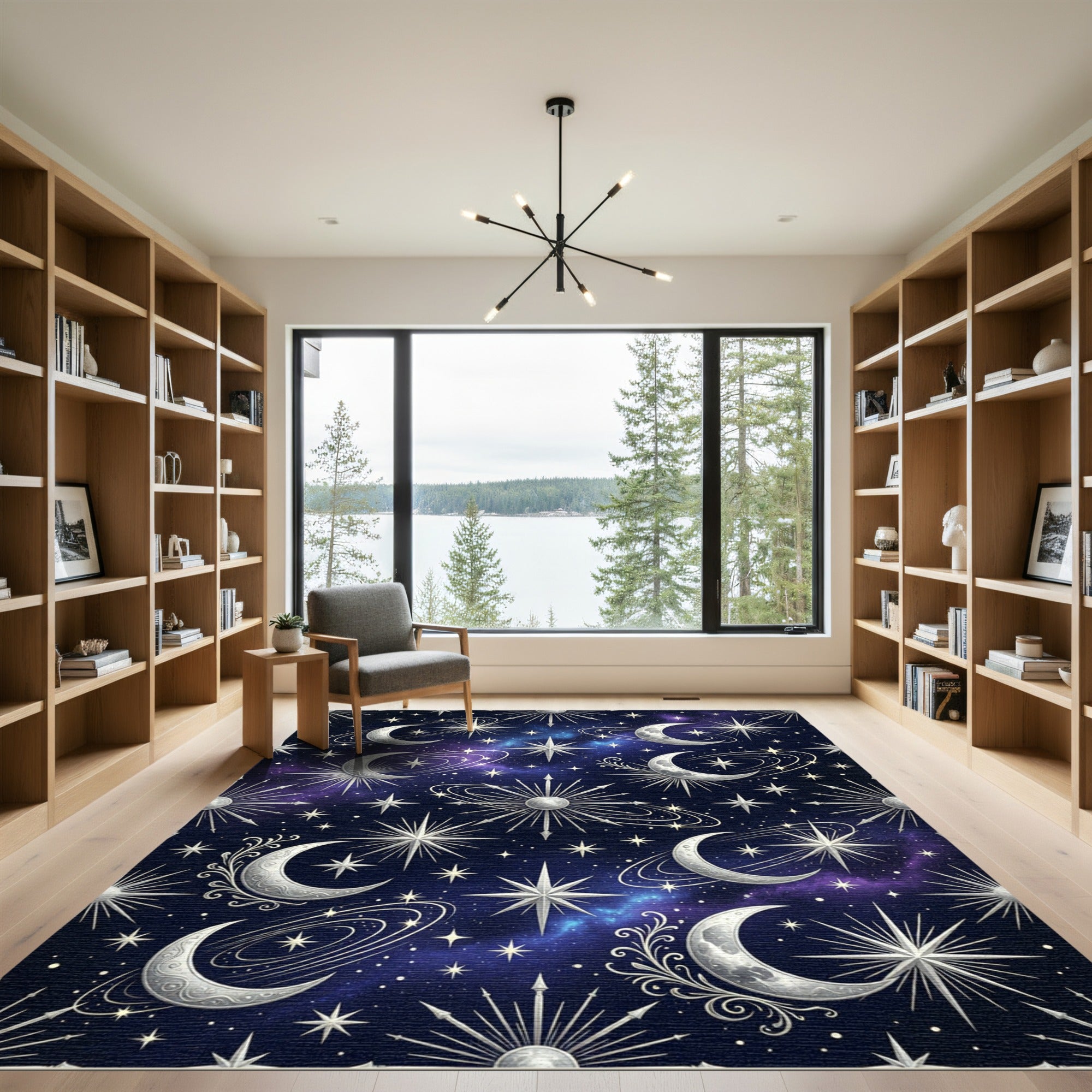 Celestial Silver Moon and Starry Night Rug