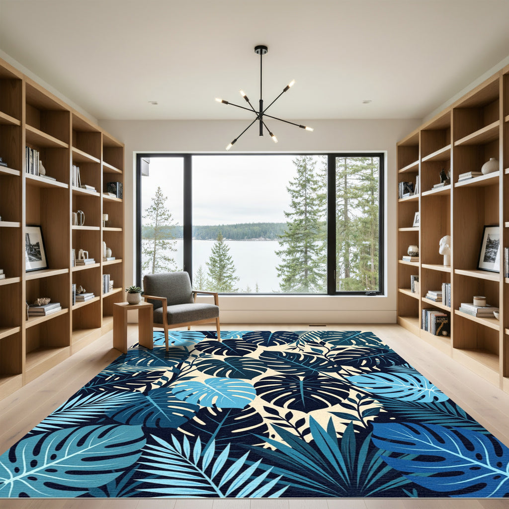 Tropical Leafy Blue And Beige Composition Rug