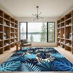 Tropical Leafy Blue And Beige Composition Rug