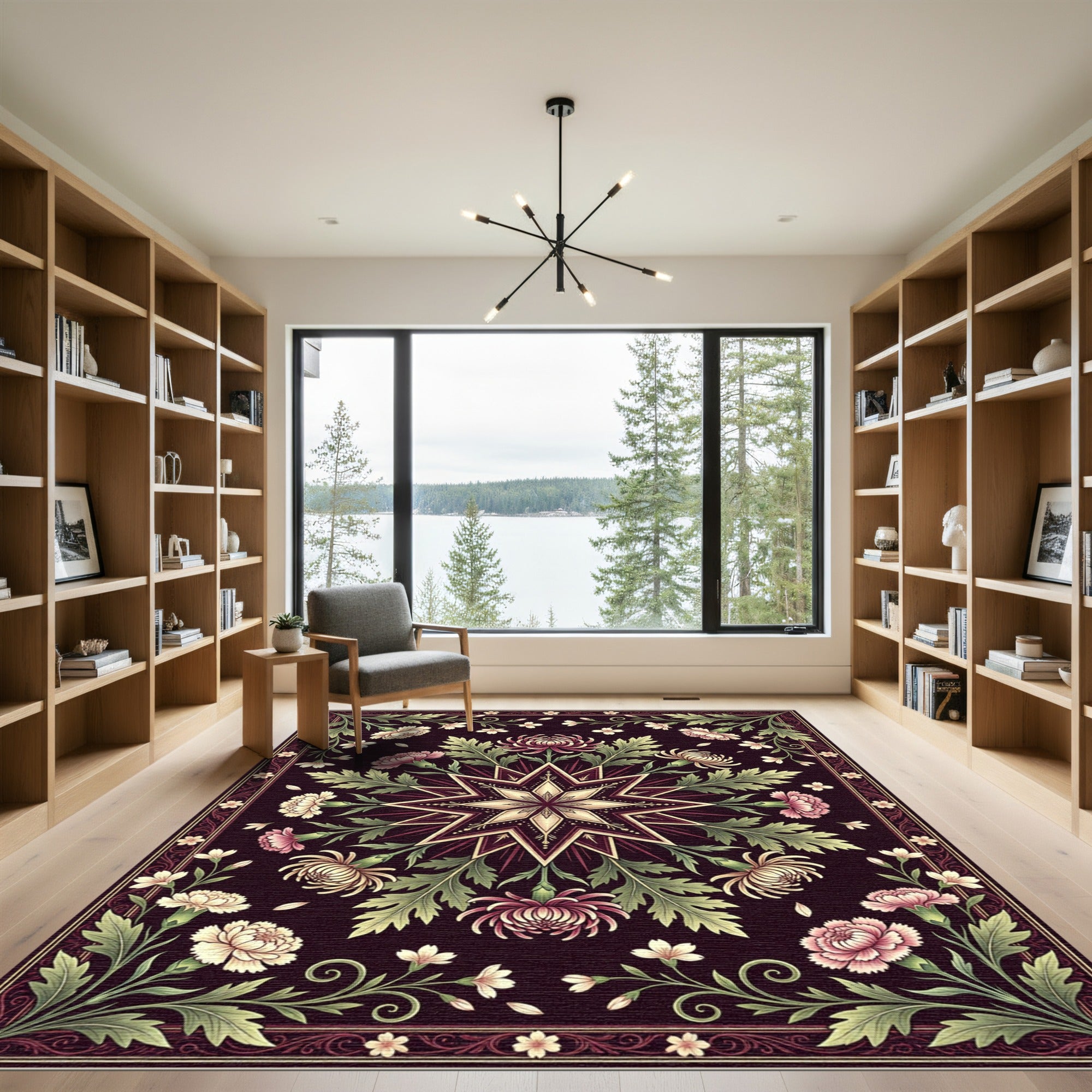 Celestial Star Floral Dark Plum Art Rug