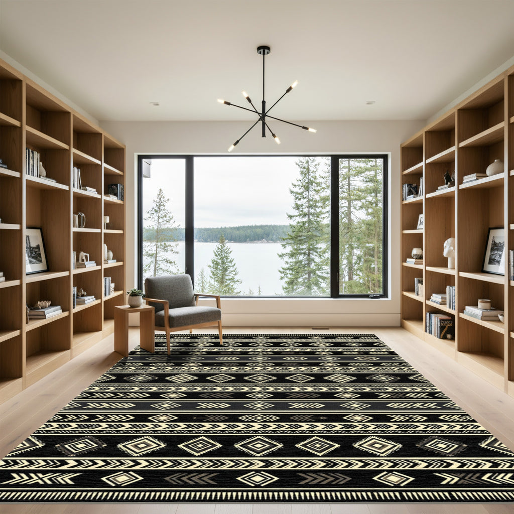Tribal Black Geometric Diamond Stripe Rug