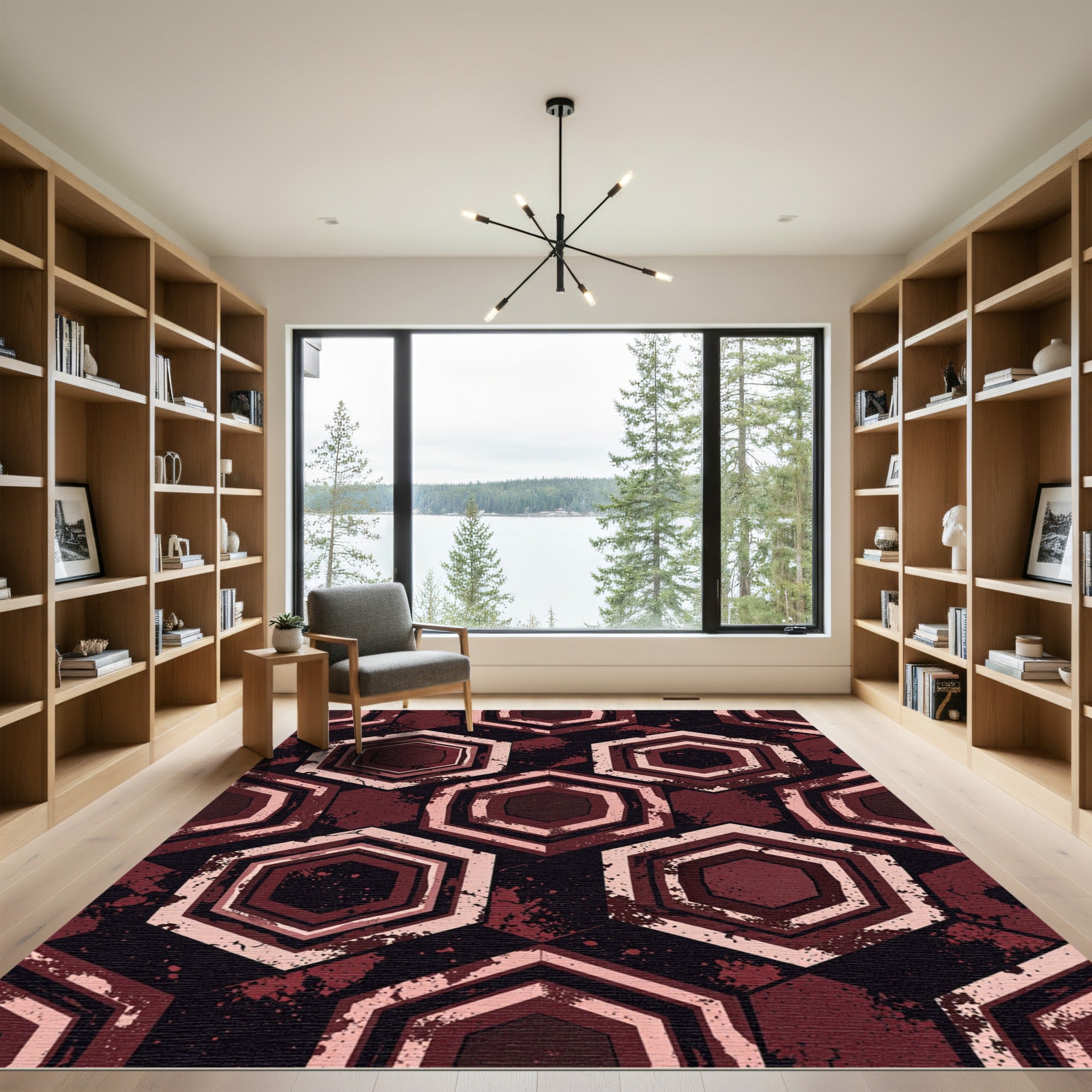 Distressed Crimson Geometric Hexagon Rug