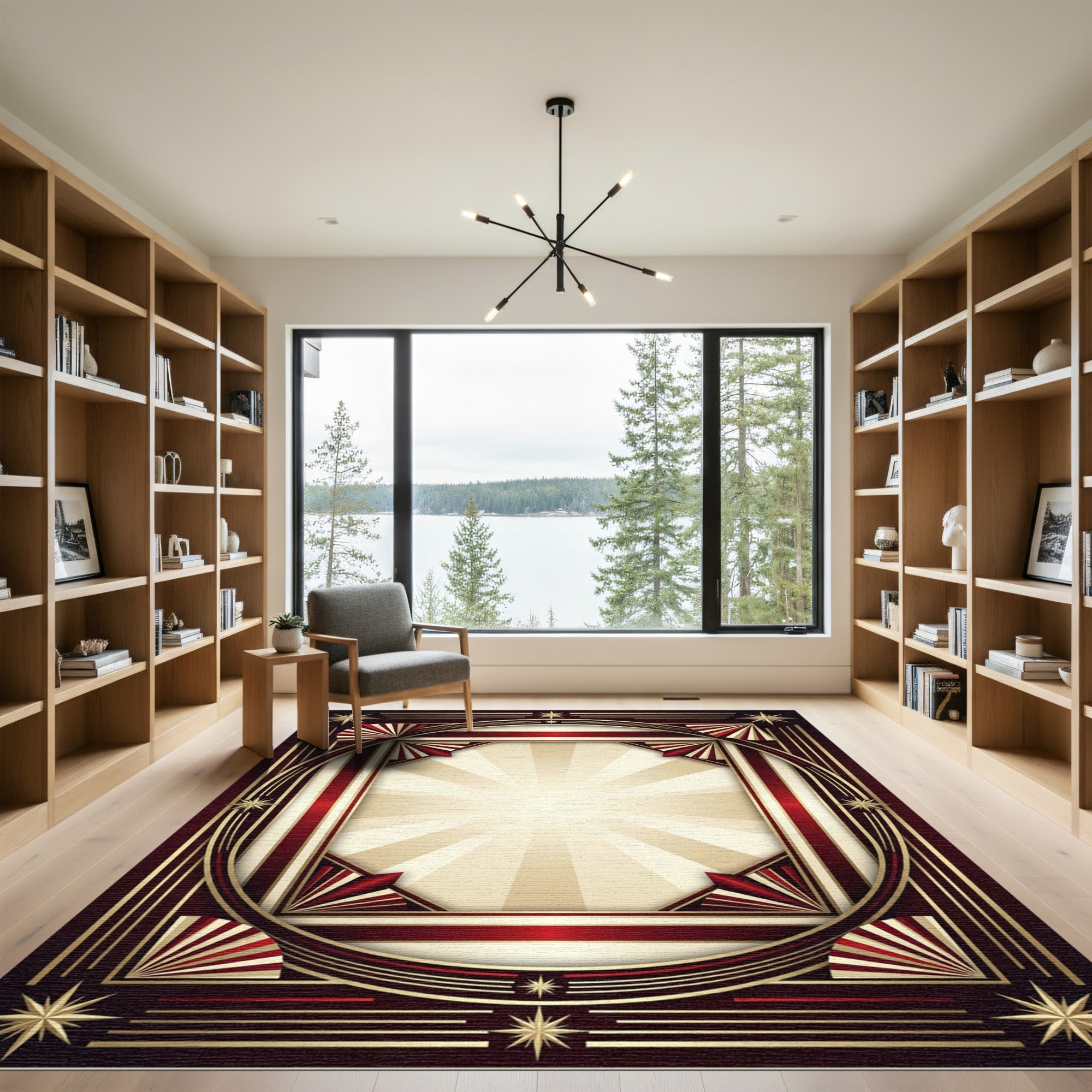 Art Deco Crimson Sunburst Radiant Rug