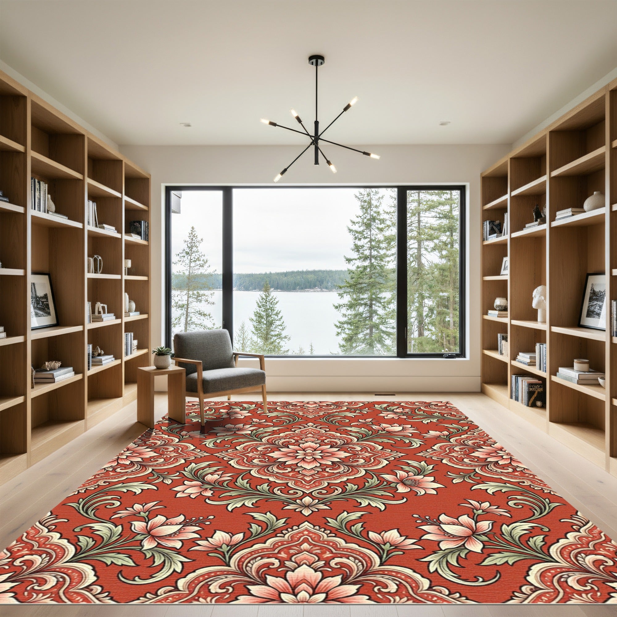 Coral Floral Damask Scrolling Vines Rug