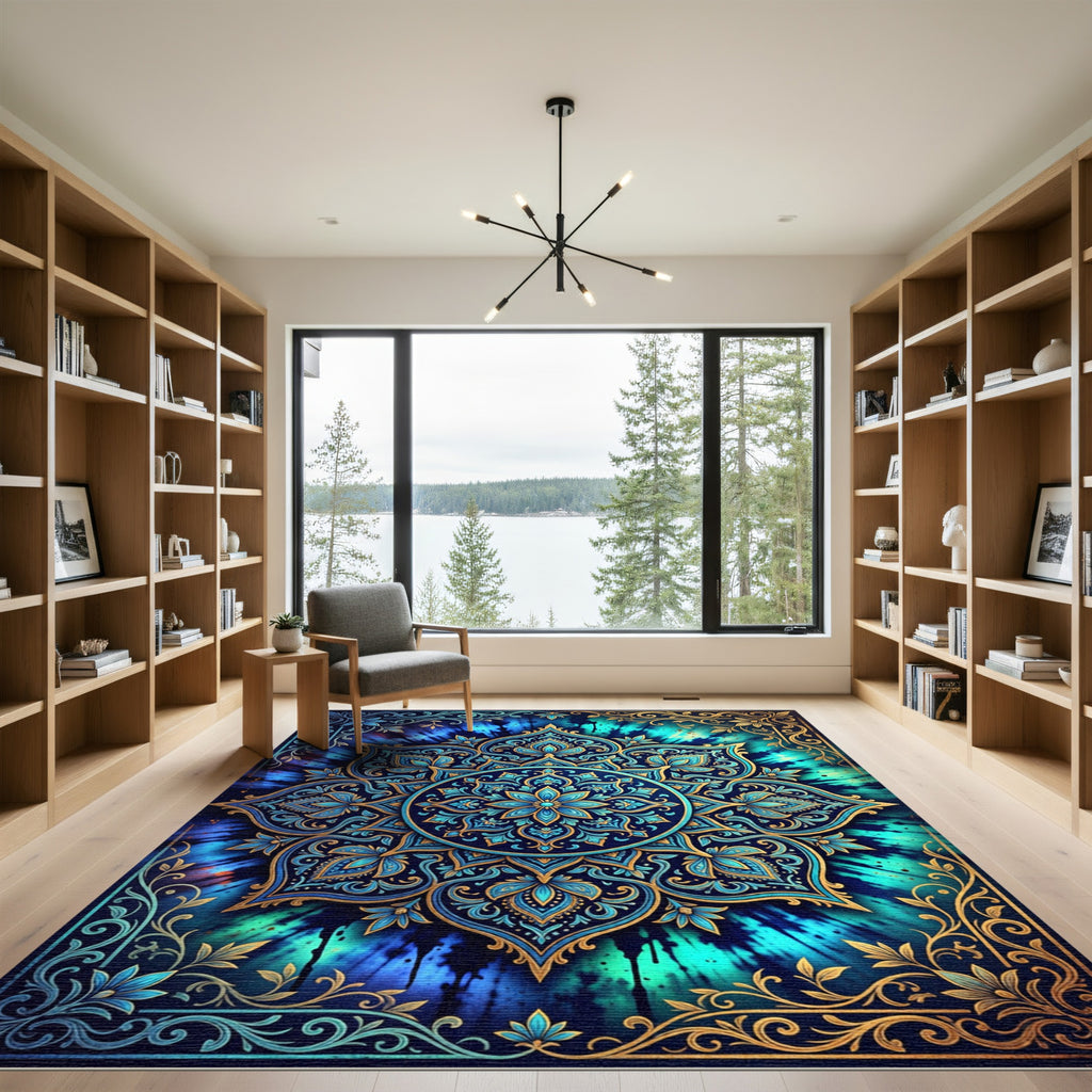 Deep Blue Teal Mandala Gold Frame Rug