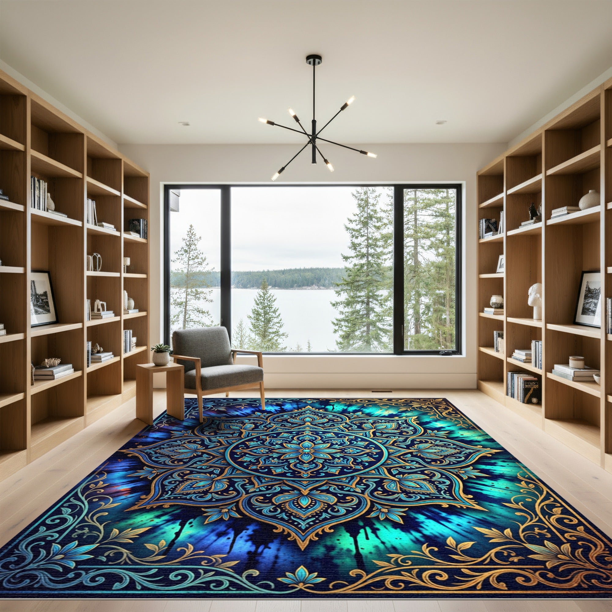 Deep Blue Teal Mandala Gold Frame Rug