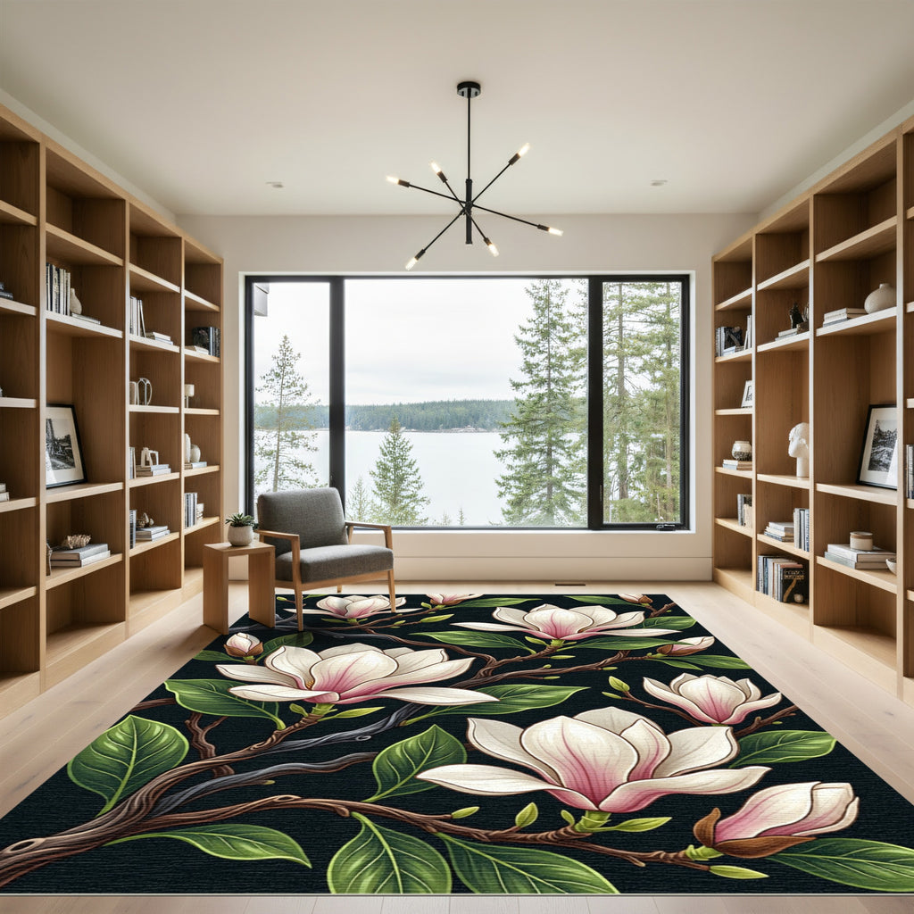 Elegant Magnolia Blooms on Black Background Rug