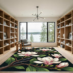 Elegant Magnolia Blooms on Black Background Rug
