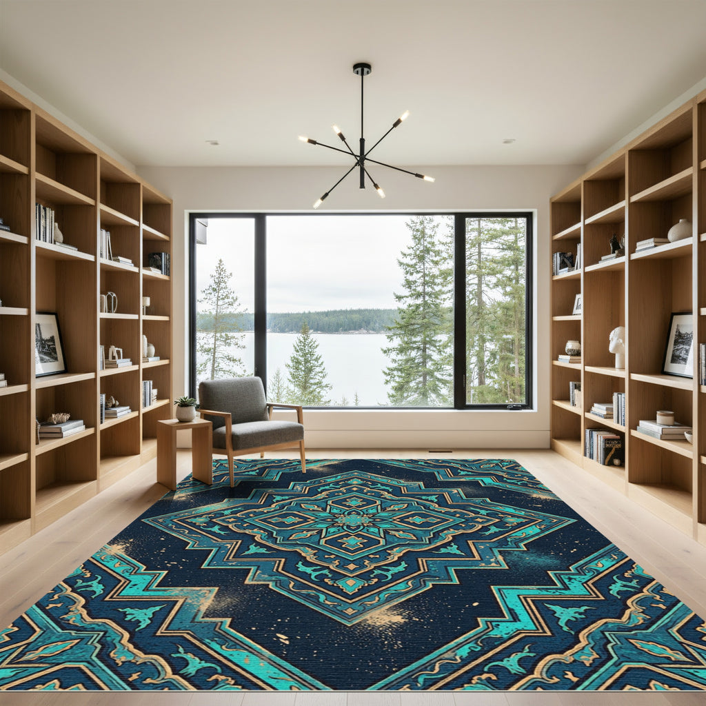 Teal Gold Geometric Star Medallion Rug