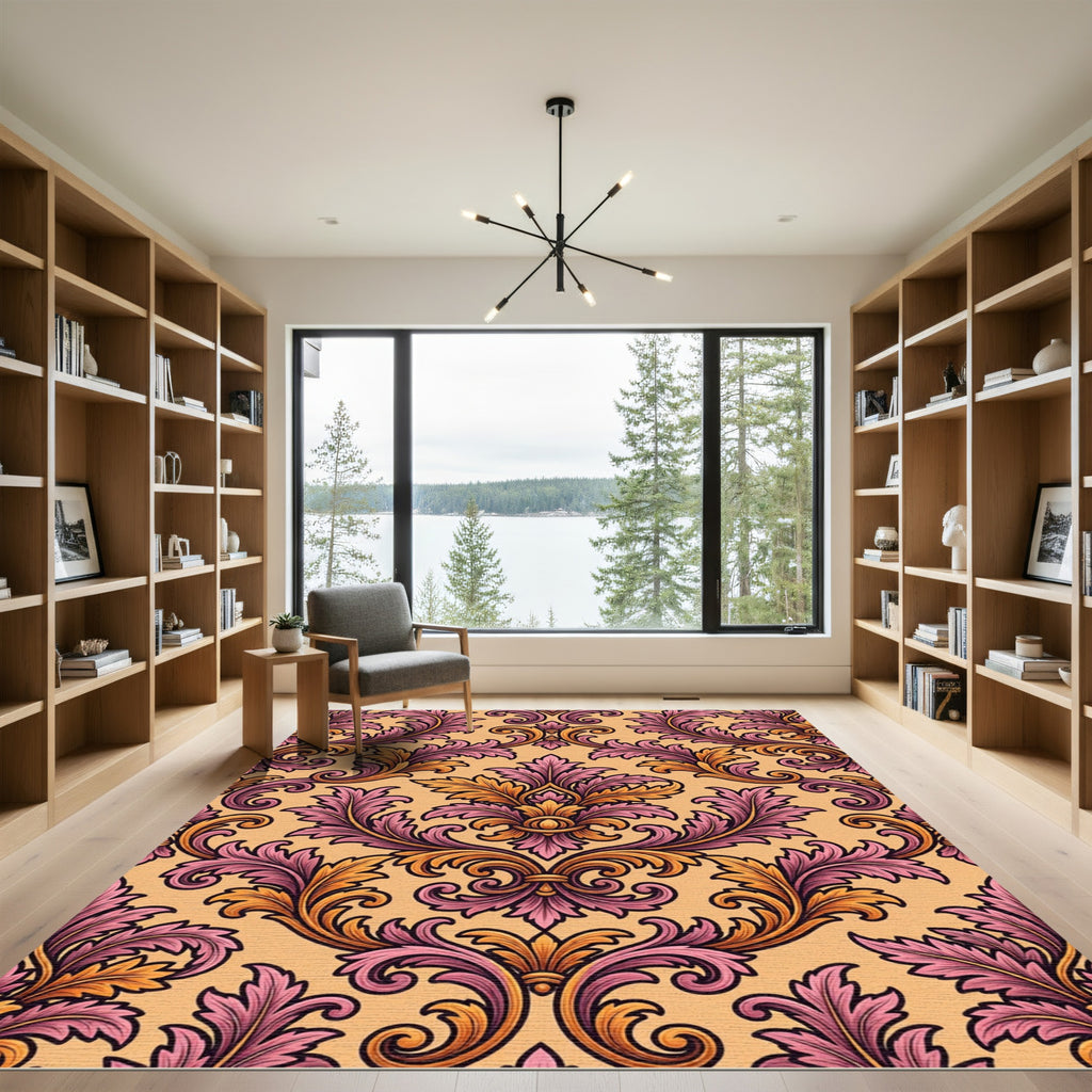 Ornate Peach and Plum Damask Scroll Rug