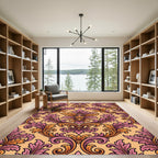 Ornate Peach and Plum Damask Scroll Rug