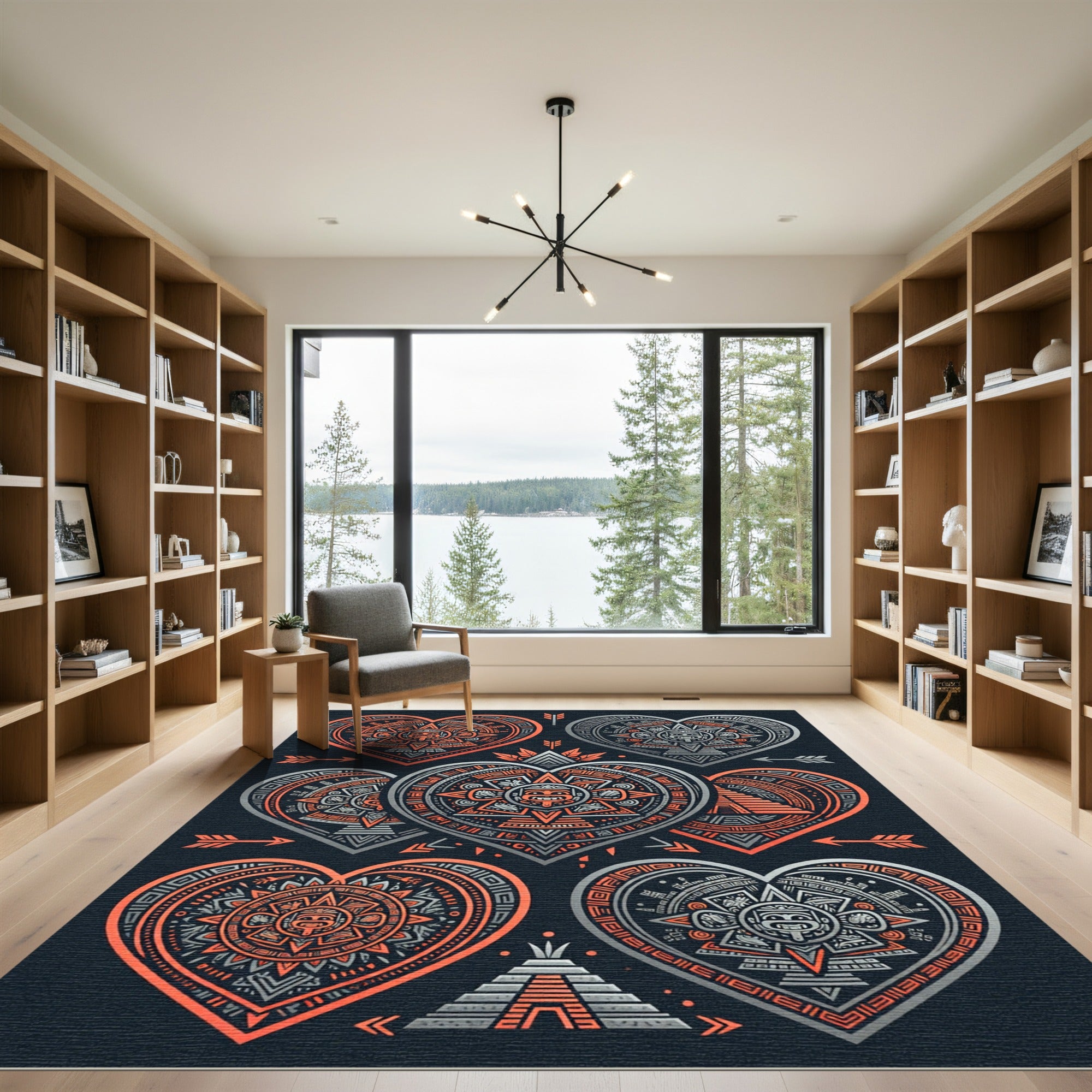 Aztec Heart Compass Slate Orange Art Rug