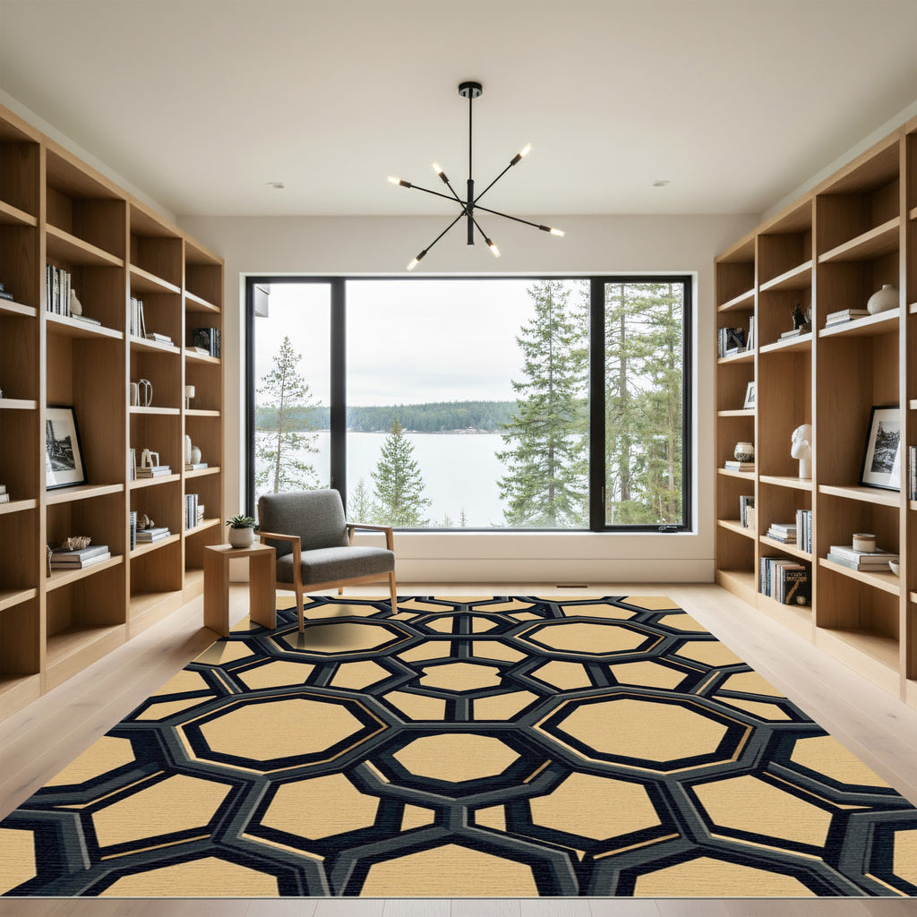 Sophisticated Charcoal Gold Geometric Hexagon Rug