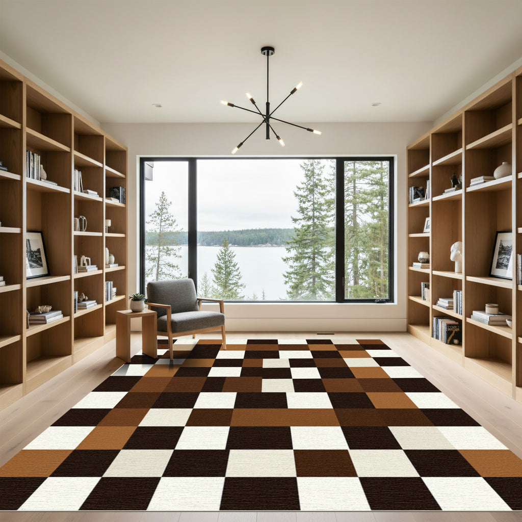 Earthy Brown White Checkerboard squares Rug