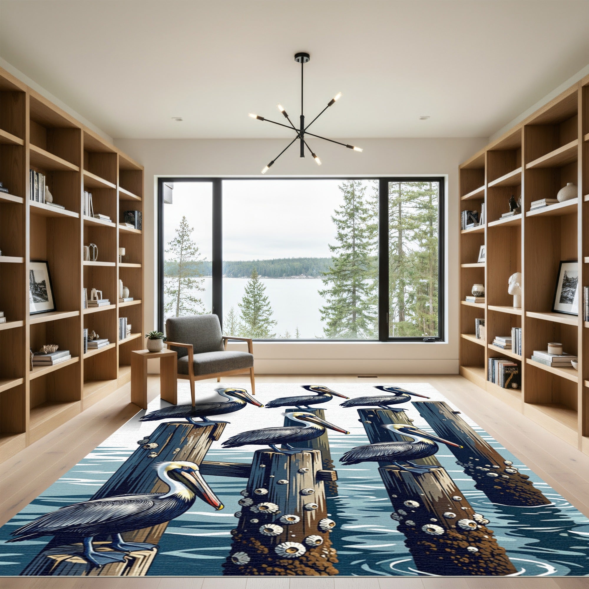 Coastal Pelican Perch Art Illustration Rug
