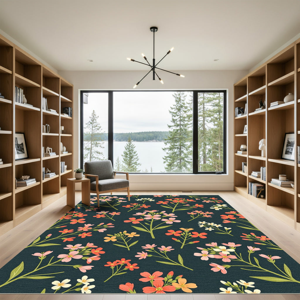 Coral Pink White Floral Branches Rug
