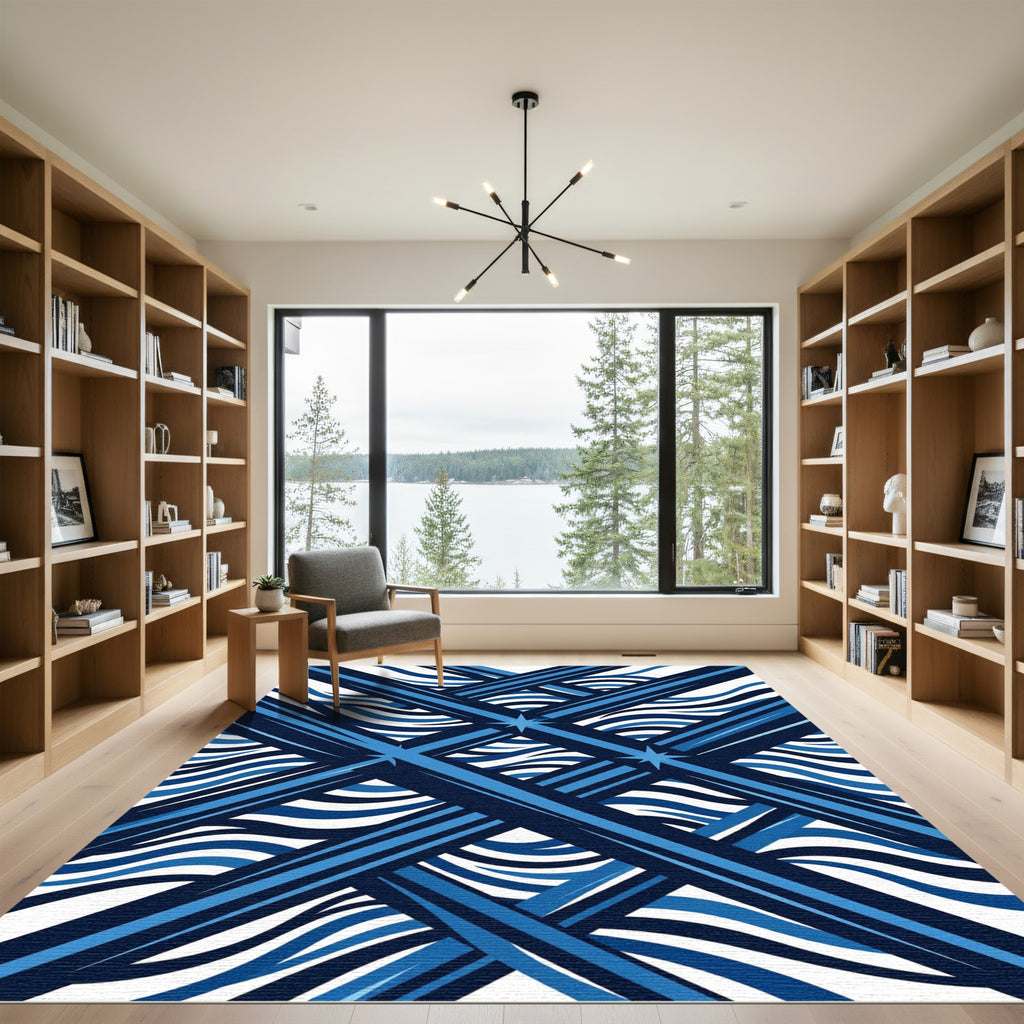 Abstract Geometric Navy Azure Wave Rug