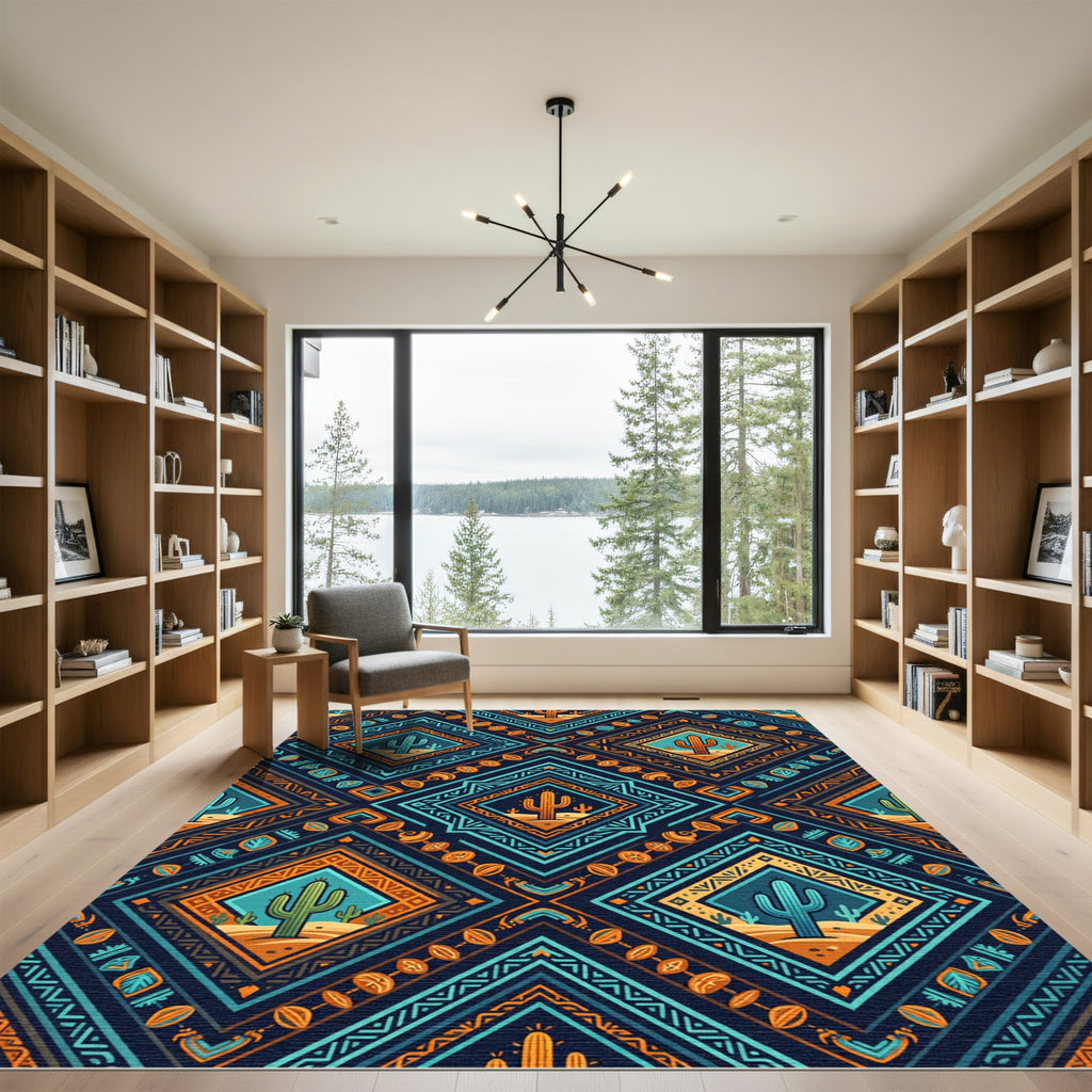 Vibrant Teal and Orange Desert Cactus Diamond Rug