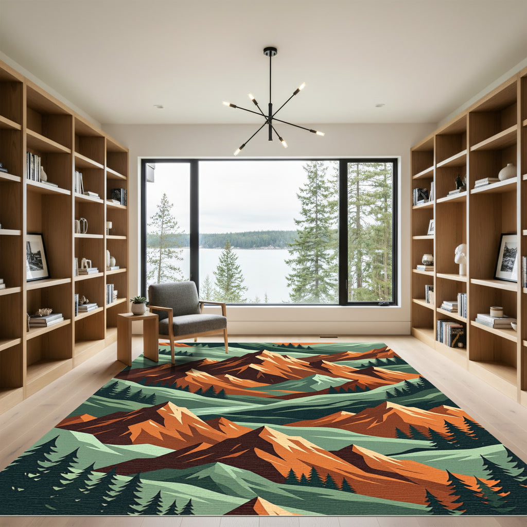 Geometric Terracotta Mountain Pine Forest Rug