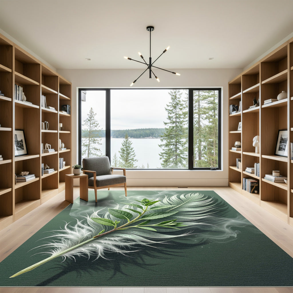 Earthy Green Feathered Branch Rug