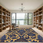 Blue Golden Damask Floral Scrolls Rug