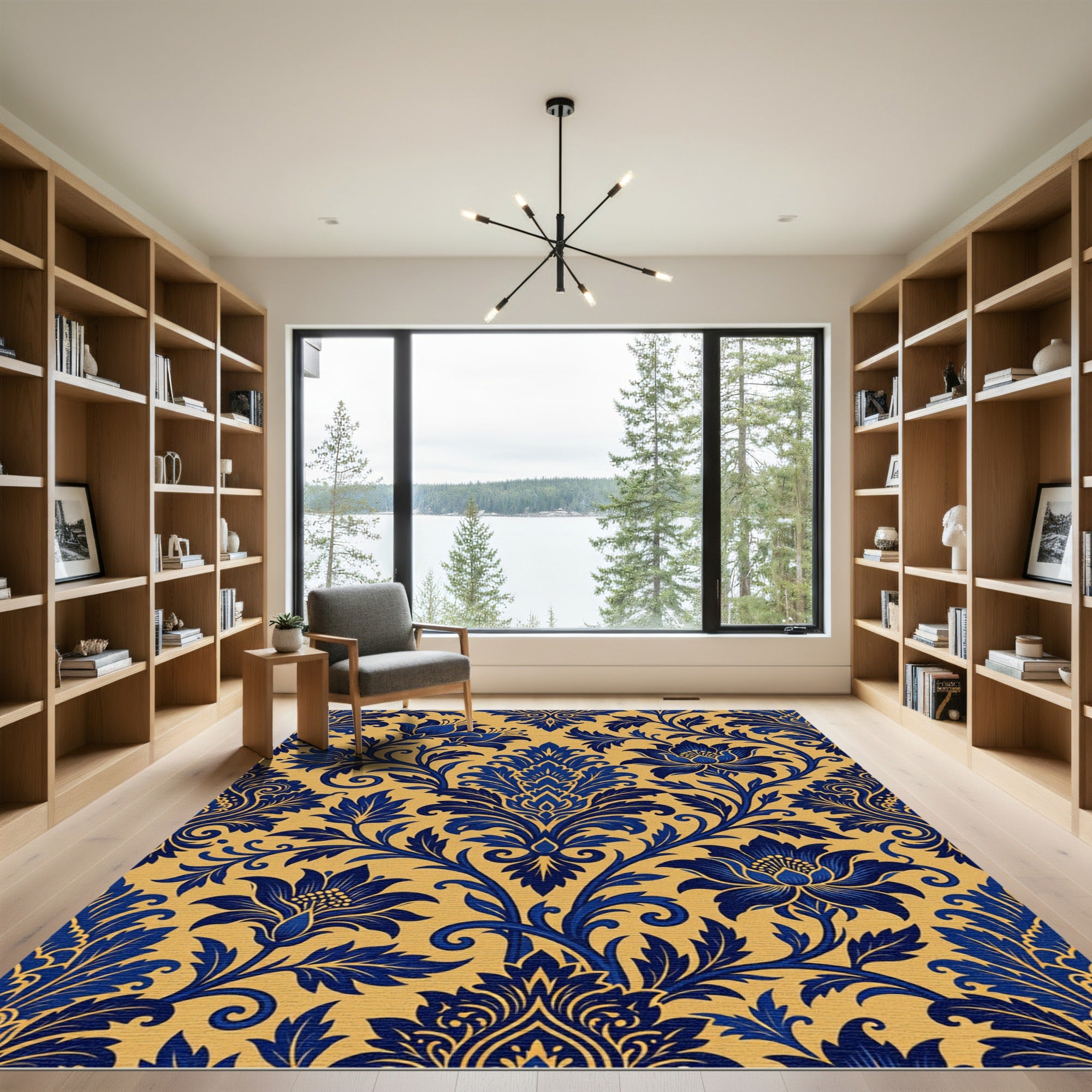 Blue Golden Damask Floral Scrolls Rug