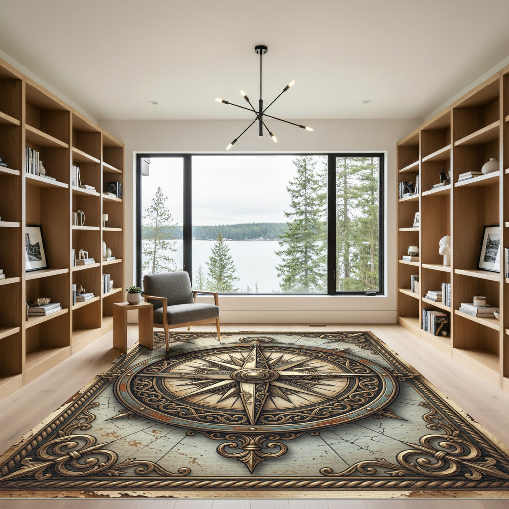 Antique Gold Compass Rose Emblem Rug