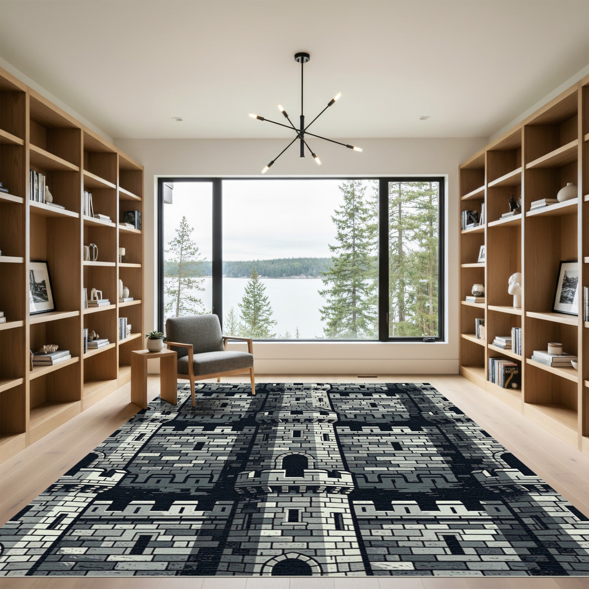 Monochrome Stone Fortress Tower Grid Rug
