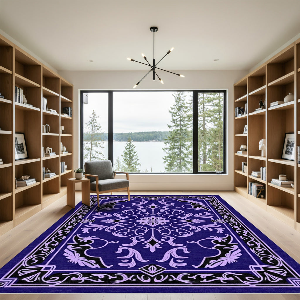 Deep Blue Lilac Floral Medallion Frame Rug