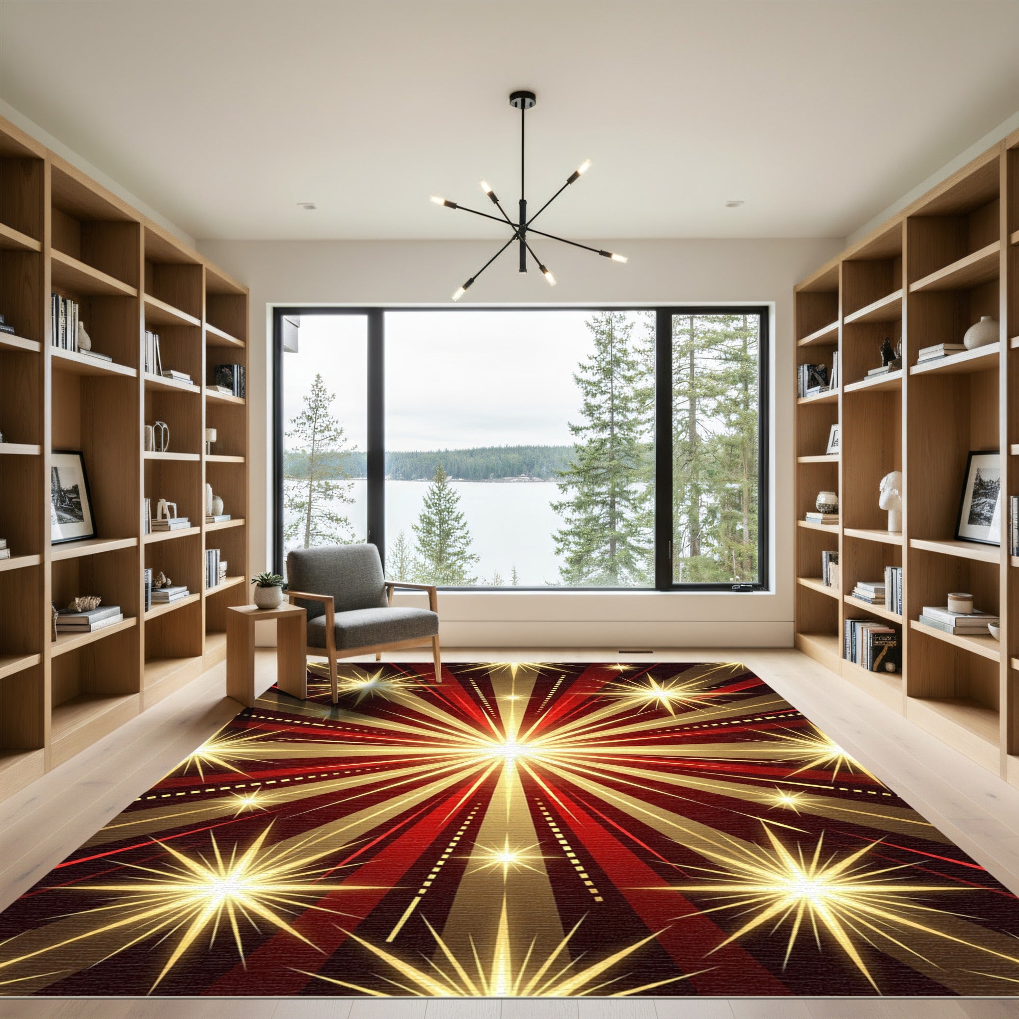 Radiant Red Golden Starburst Rug