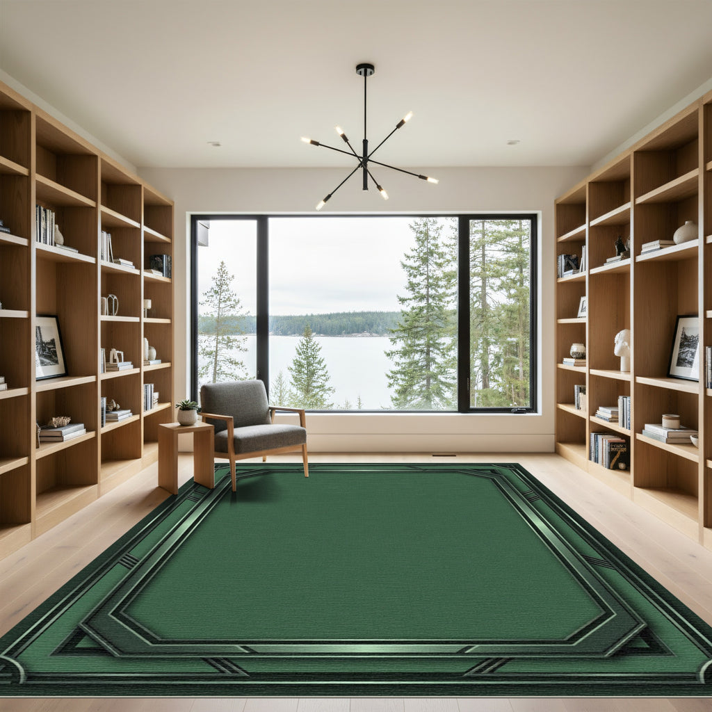 Deep Emerald Geometric Deco Border Rug