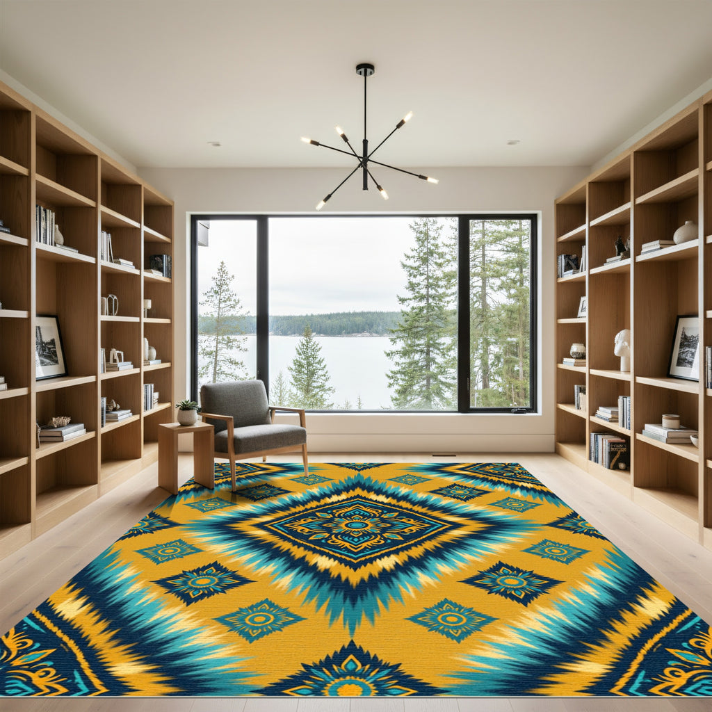 Golden Teal Jagged Diamond Medallion Rug