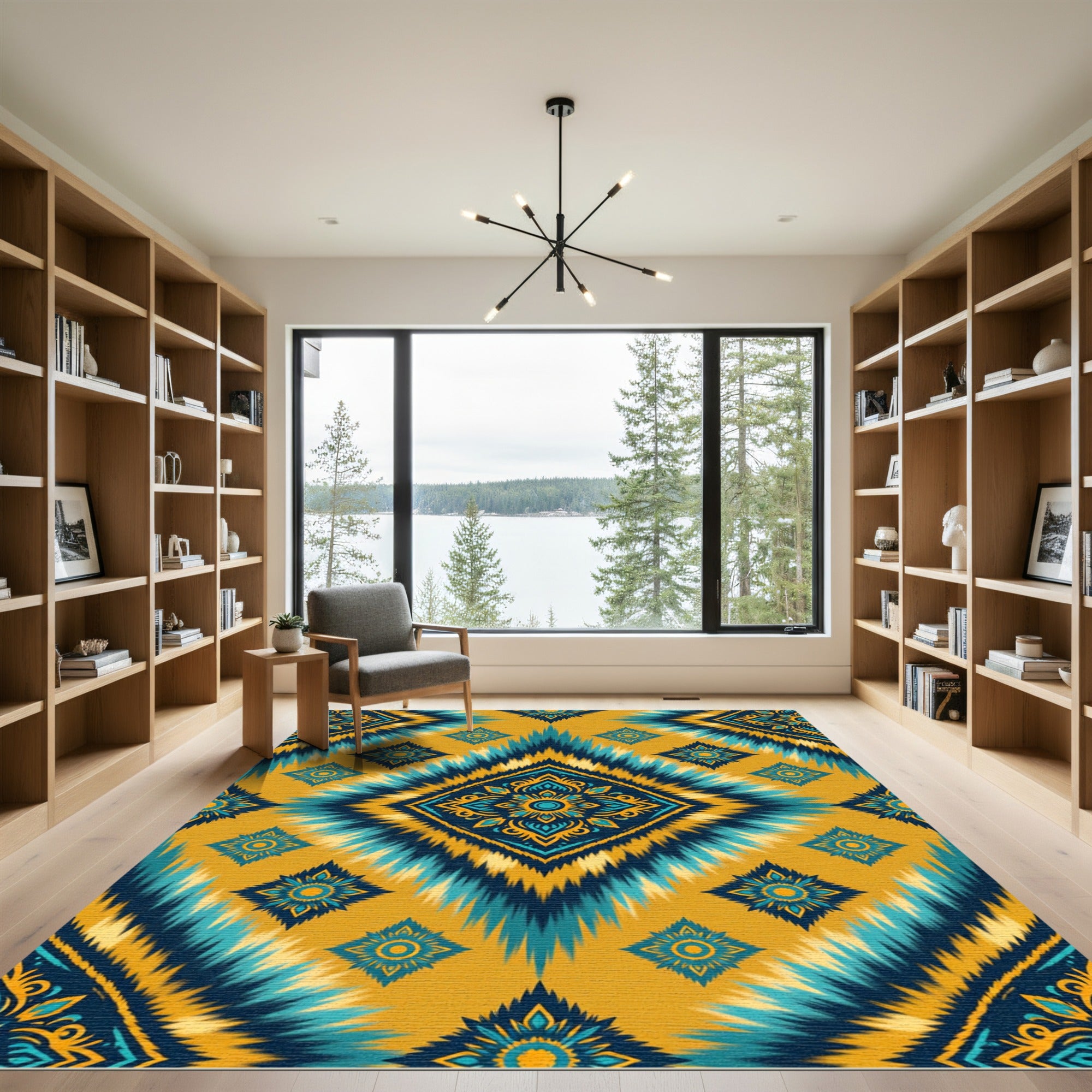 Golden Teal Jagged Diamond Medallion Rug