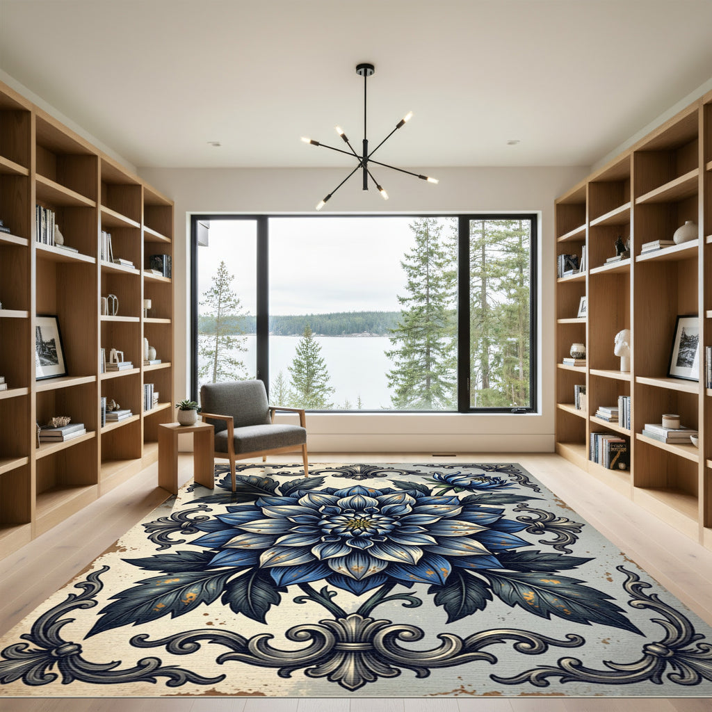 Antique Blue Dahlia Baroque Flourish Rug