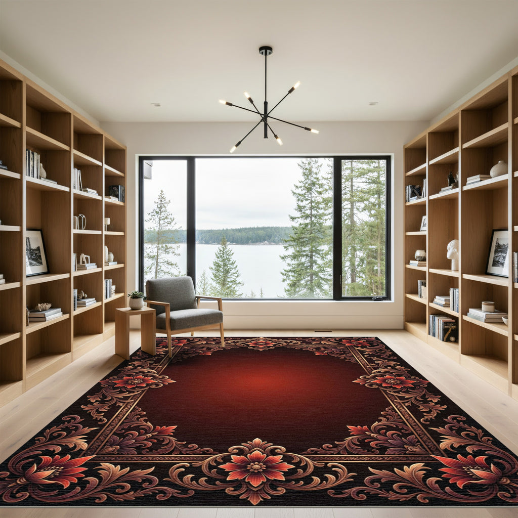 Rich Red Elaborate Floral Scroll Rug