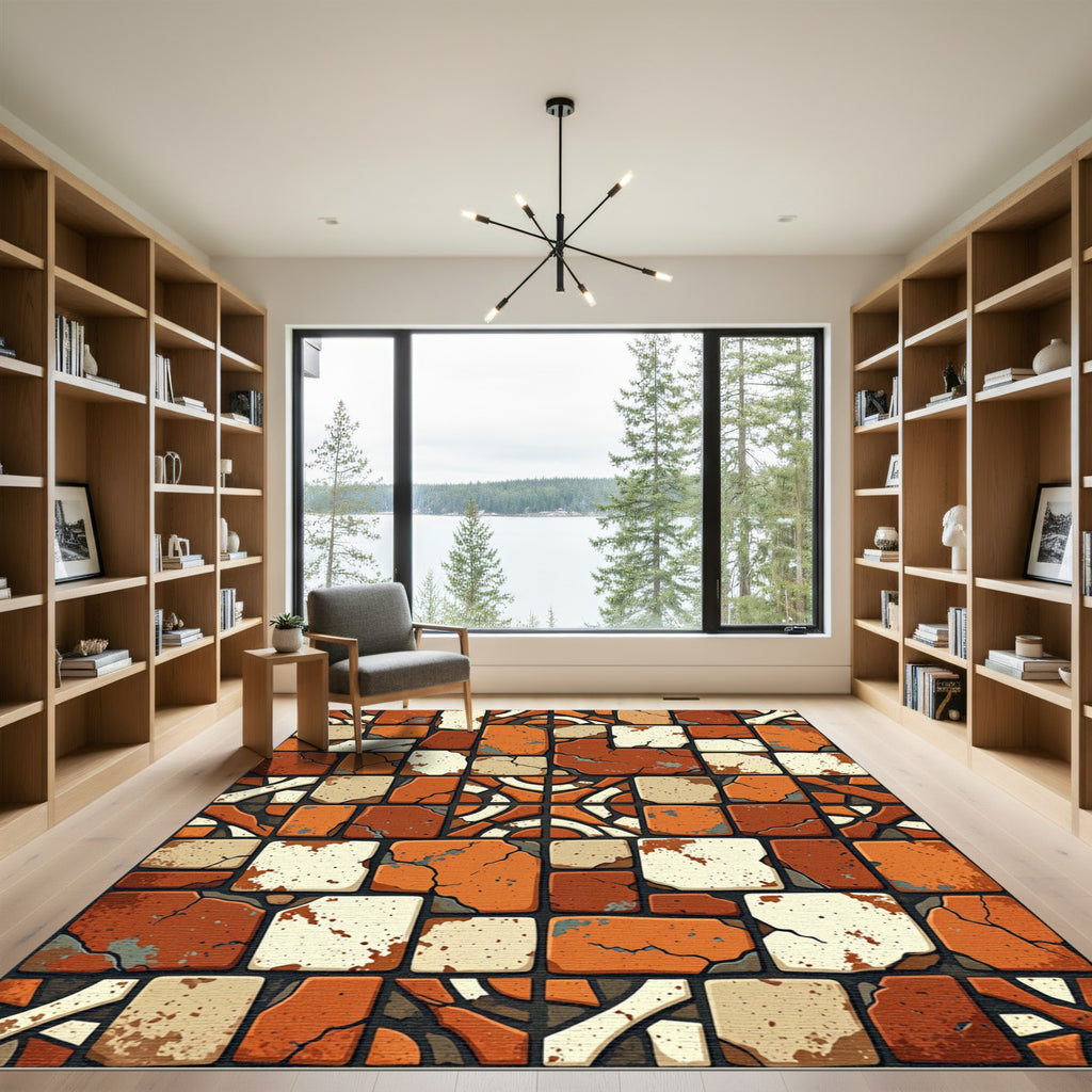 Rustic Terracotta Cracking Tile Mosaic Rug