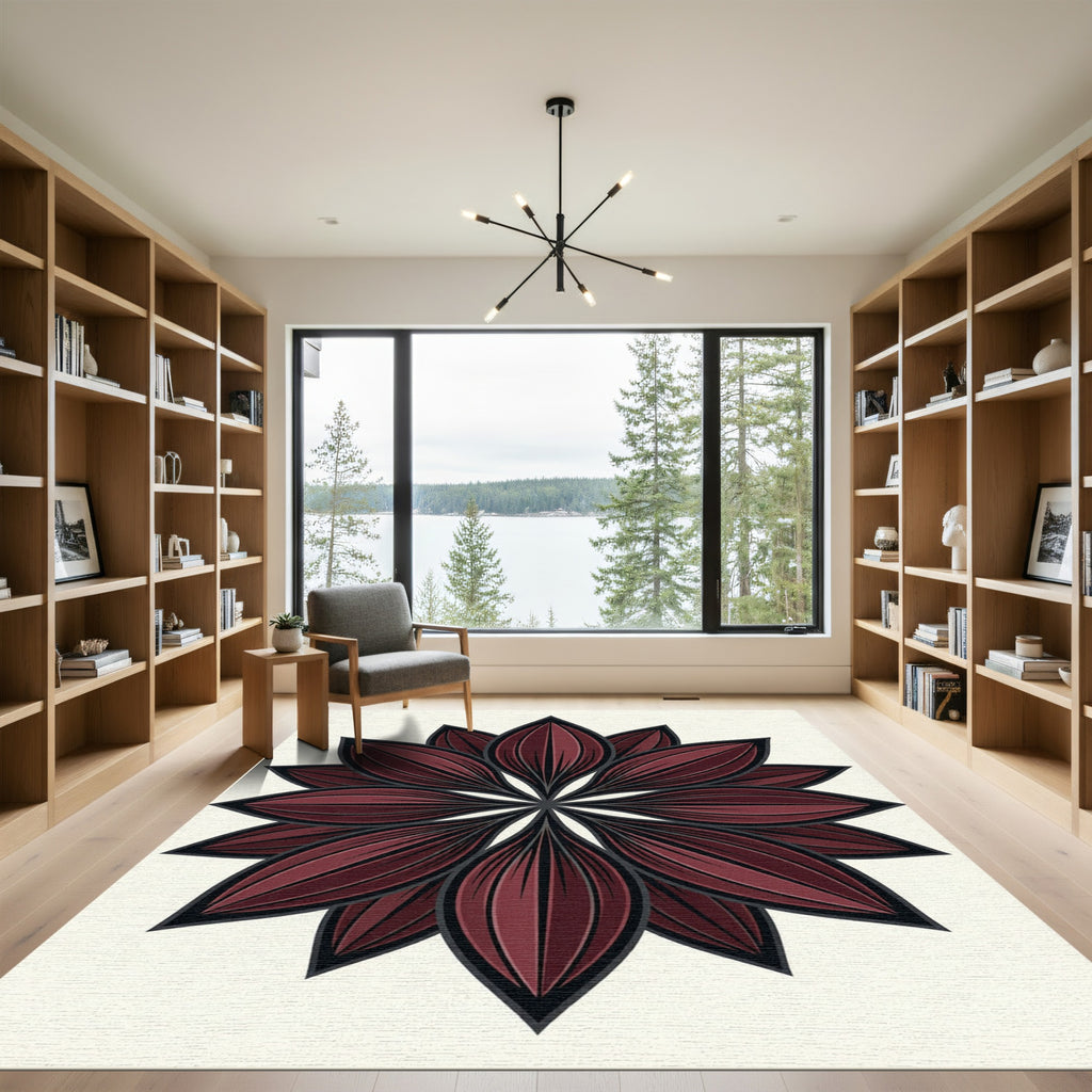 Dark Maroon Symmetrical Petal Mandala Rug