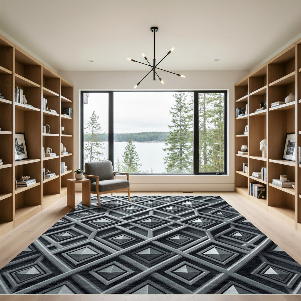 Metallic Charcoal Structured Diamond Geometric Rug