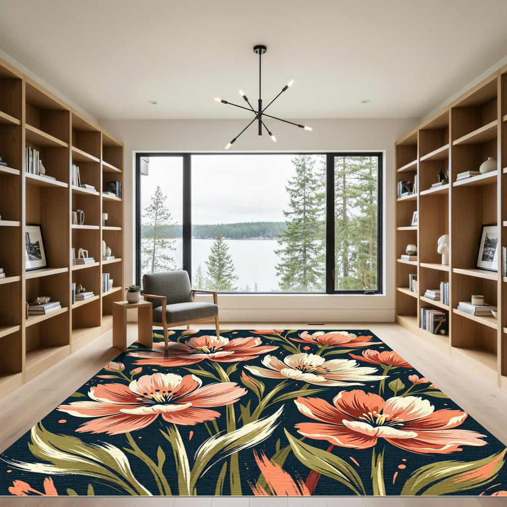 Coral Peach Floral Botanical Dark Garden Rug