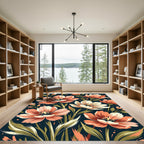 Coral Peach Floral Botanical Dark Garden Rug