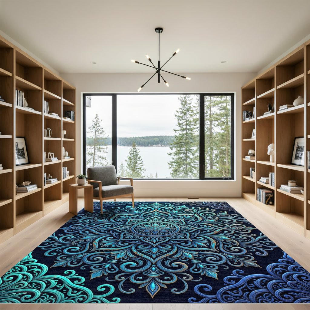 Emerald Blue Ornate Mandala Rug