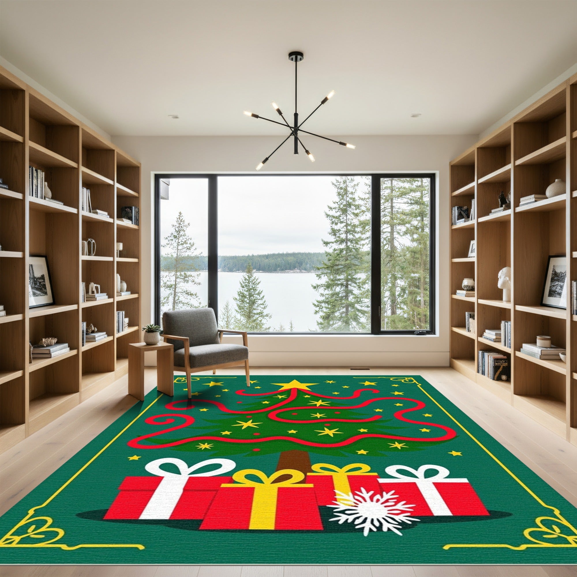 Green Christmas Tree Gifts Yellow Stars Rug