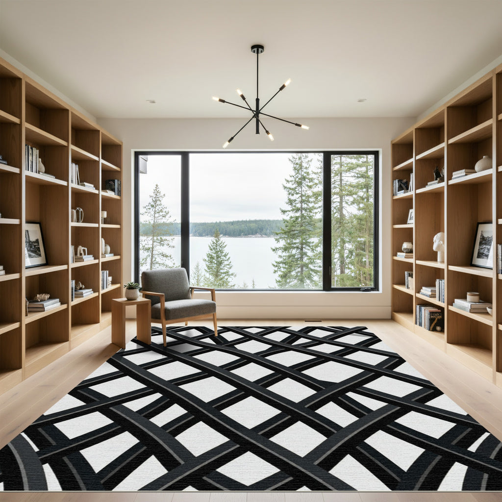 Monochrome Intersecting Abstract Grid Rug