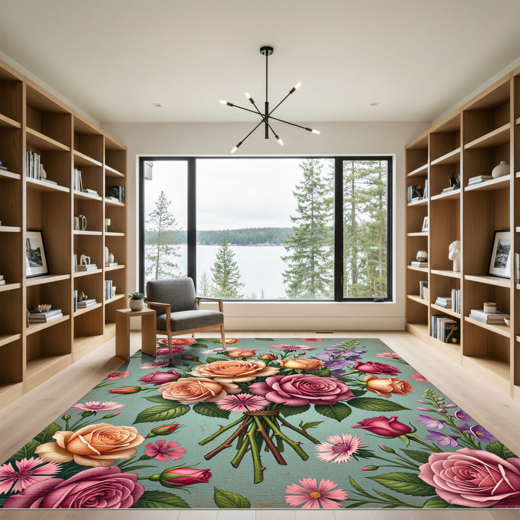 Pink Orange Rose Bouquet Arrangement Rug