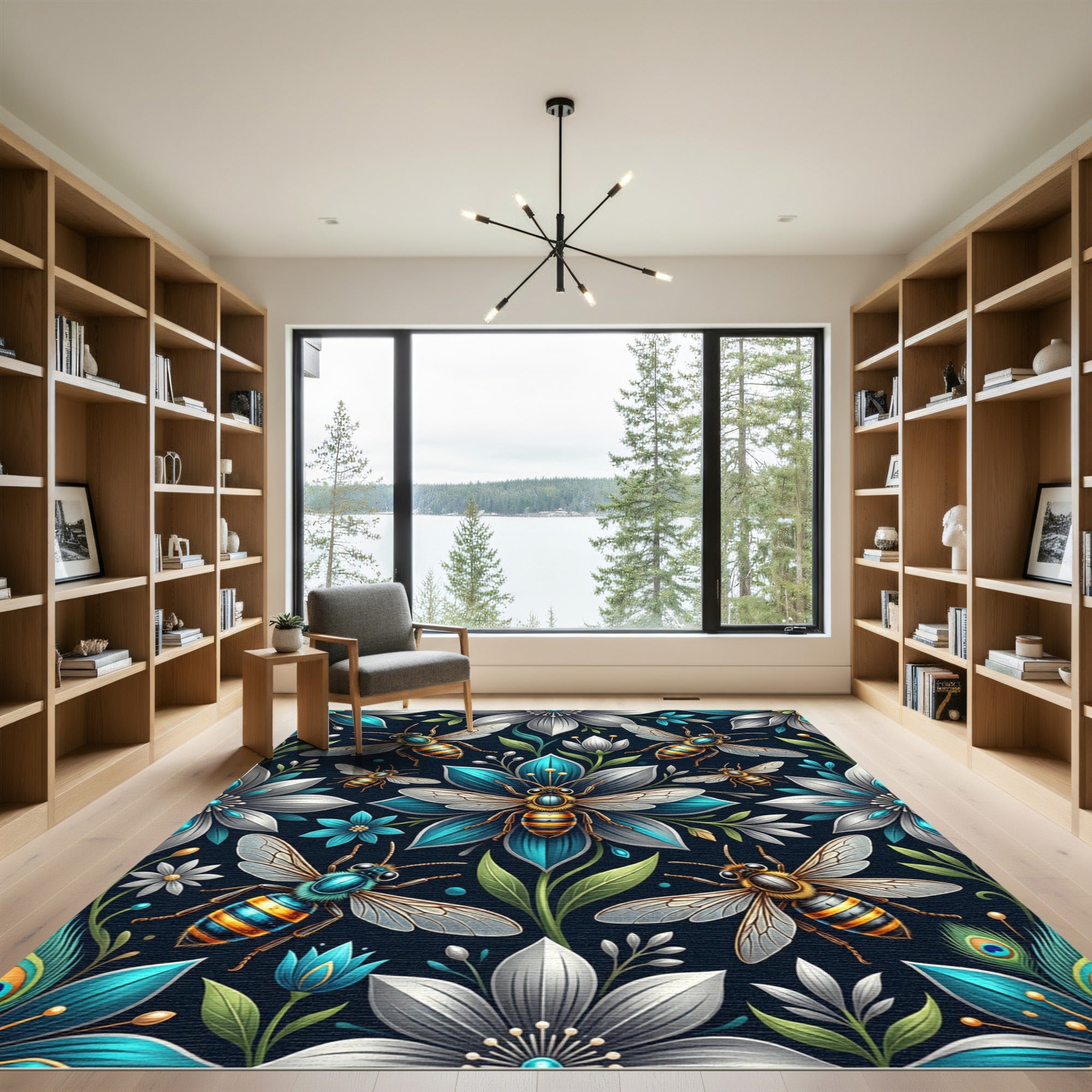 Elegant Teal Blue Honeybee Floral Garden Rug