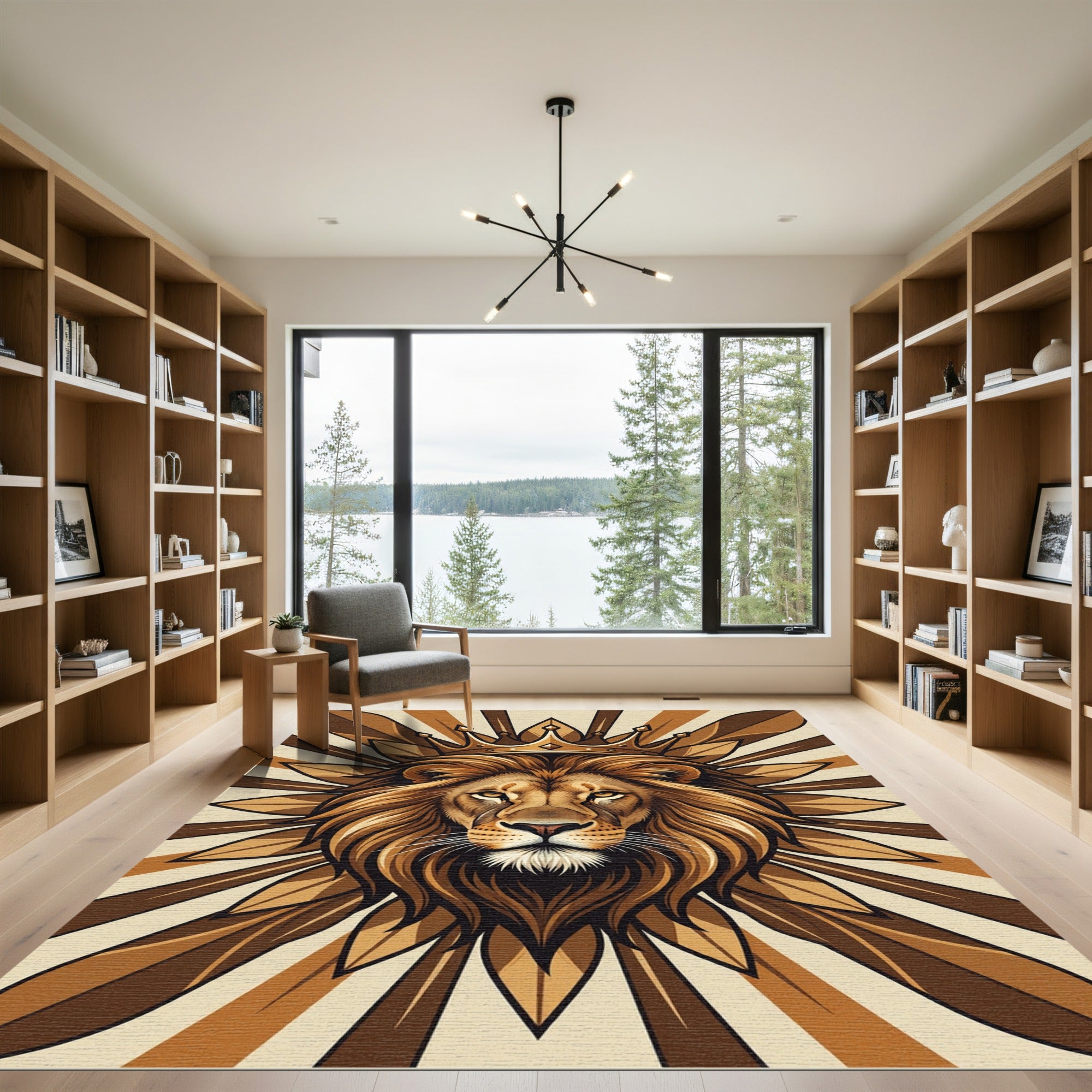 Regal Golden Lion Crown Statement Art Rug