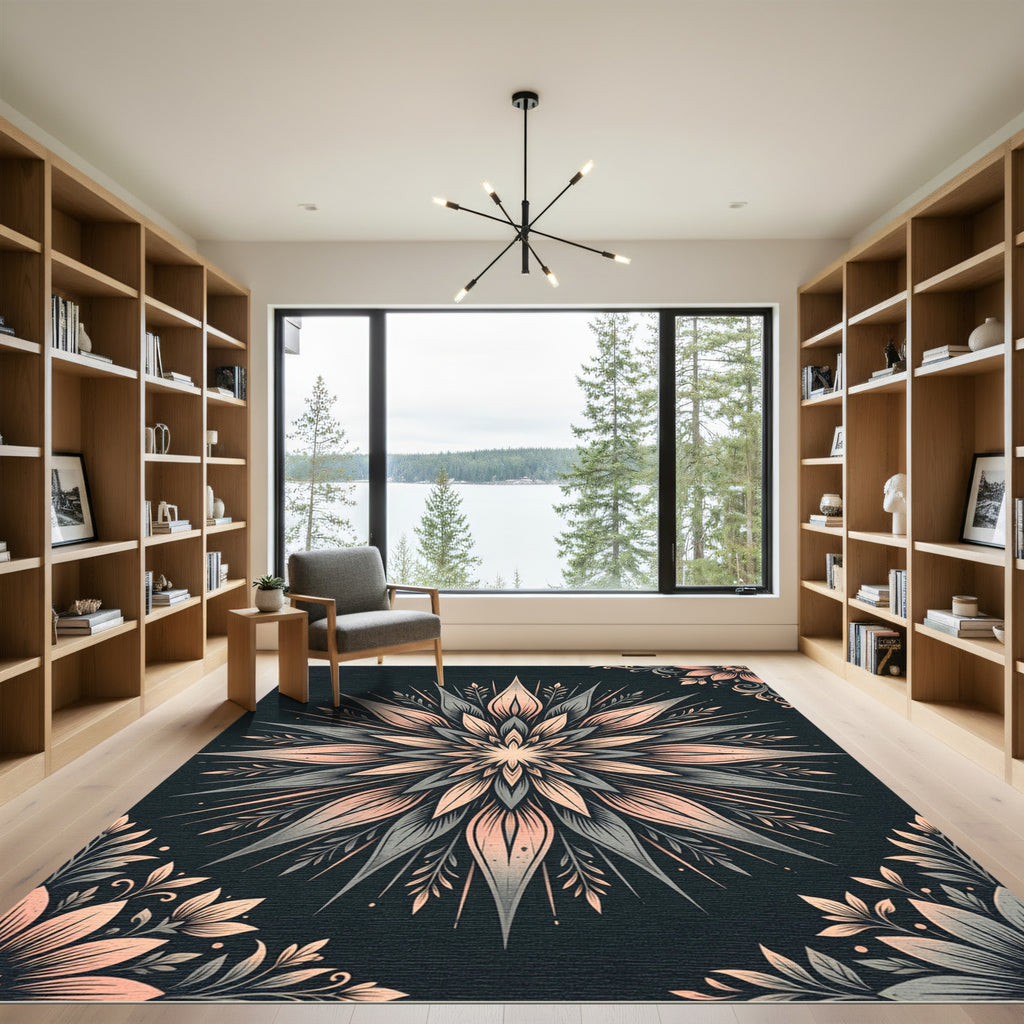Peach Gray Starburst Floral Mandala Rug